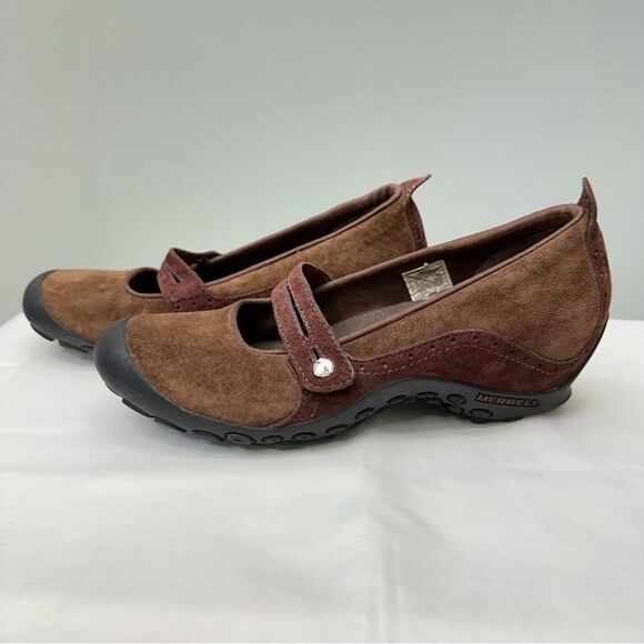 Merrell plaza bandeau cherry oak brown suede leather mary jane shoes women's 9. - Picture 1 of 8